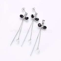 304 Stainless Steel Jewelry Sets, Pendants and Stud Earrings, with Enamel and Rhinestone, Bowknot, Stainless Steel Color, 65x18x6mm, Hole: 7x5mm; 72x18x6mm, Pin: 0.8mm(SJEW-H132-02P)