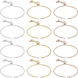 12Pcs 3 Colors Brass Box Chain Slider Bracelet Making, Mixed Color, 9x0.1cm, 4pcs/color(KK-NB0001-79)