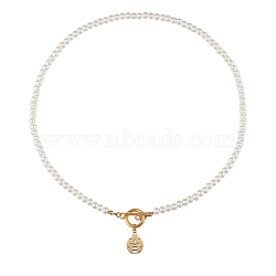 304 Stainless Steel Pendant Necklaces, with Acrylic Imitation Pearl Round Beads and Rhinestone, Ladybug/Ladybird, White, Golden, 18.14 inch(46.1cm)(NJEW-SZ0001-21)
