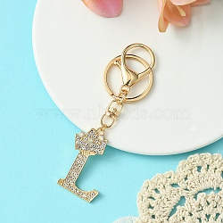 Golden Alloy Rhinestone Keychain, with Alloy Clasp and Iron Rings, Letter L, 10cm, Pendant: 44mm(KEYC-YW00105-12)