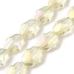 Transparent Electroplate Glass Beads Strands, Rainbow Plated, Hamsa Hand, Light Yellow, 17.8x13.5x7.5mm, Hole: 1.3mm, about 40pcs/strand, 27.95 inch(71cm)(EGLA-F159-FR03)