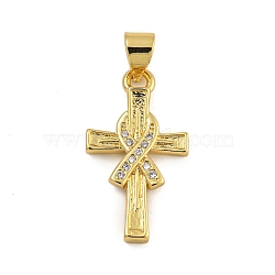 Rack Plating Brass Micro Pave Cubic Zirconia Pendants, with Jump Ring, Long-Lasting Plated, Cadmium Free & Lead Free, Cross, Real 18K Gold Plated, 21x12x2.5mm, Hole: 4.5x3.5mm(KK-C074-57G-03)