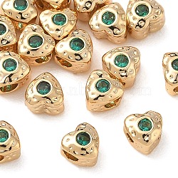 SHEGRACE Brass Green Cubic Zirconia Beads, Texture Heart, Cadmium Free & Lead Free & Nickel Free, Real 18K Gold Plated, 5x5x4mm, Hole: 1.6mm(XGRQ4H208-681G-A)
