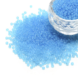 12/0 Grade A Round Glass Seed Beads, Transparent Frosted Style, Deep Sky Blue, 2x1.5mm, Hole: 0.8mm, 30000pcs/bag(SEED-Q006-M16)