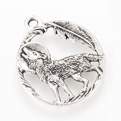 Tibetan Style Alloy Howling Wolf Pendants, Flat Round with Wolf, Cadmium Free & Lead Free, Antique Silver, 25x21.5x2mm, Hole: 2mm, about 420pcs/1000g(TIBEP-Q064-12AS-RS)