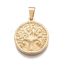 304 Stainless Steel Pendants, Flat Round with Tree of Life, Golden, 29x25.5x3mm, Hole: 4x7.5mm(STAS-J036-029G)