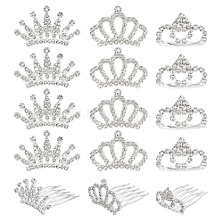 15Pcs 3 Style Crown Alloy Rhinestones Hair Combs, Hair Accessories for Girl, Clear, 41~42mm, 5pcs/style(FIND-CA0005-94)