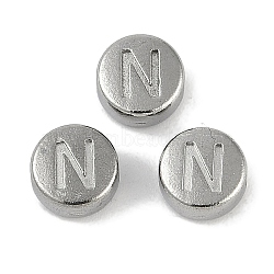 Anti-Tarnish 304 Stainless Steel Beads, Flat Round with Letter, Stainless Steel Color, Letter N, 7x3.8mm, Hole: 1.8mm(STAS-L082-019N-P)