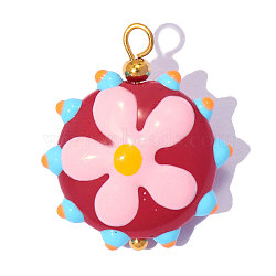 304 Stainless Steel with Glass Pendants, Ion Plating(IP), Bumpy Round with Flower Charms, Mirror Polished Finish, Colorful, Real 18K Gold Plated, 23x20mm, Hole: 2.4mm(GL-OY001-02G)