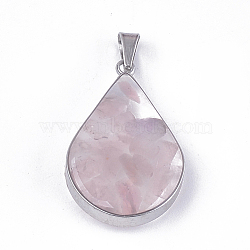 Natural Rose Quartz Pendants, with Glass and 304 Stainless Steel Findings, teardrop, Stainless Steel Color, 26.5~27x17~17.5x6.5~7mm, Hole: 3x5.5mm(STAS-T043-02I)