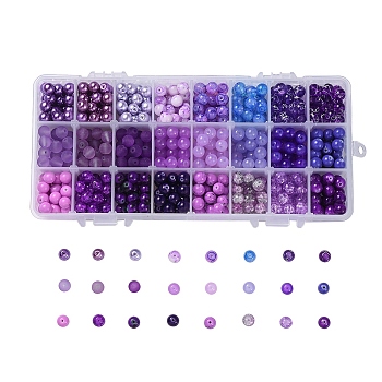 Mixed Style Glass Beads, Dyed, Round, 24 Colors, Gradient Color, Purple, 8mm, Hole: 1.3~1.6mm, about 27~30pcs/color, 648~720pcs/box