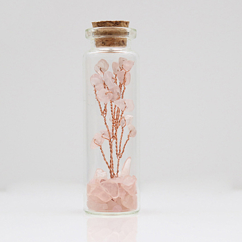 Glass Wishing Bottle Decorations, with Rose Quartz Chips Tree Inside and Cork Stopper, 22x74mm