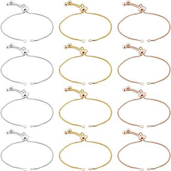 12Pcs 3 Colors Brass Box Chain Slider Bracelet Making, Mixed Color, 9x0.1cm, 4pcs/color