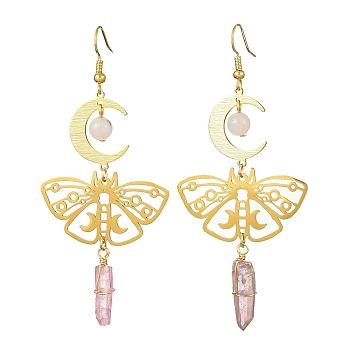 Moon & Butterfly 201 Stainless Steel Dangle Earrings with Brass Pins, Natural Rose Quartz & Quartz Crystal Long Drop Earrings, Golden, 84x36mm
