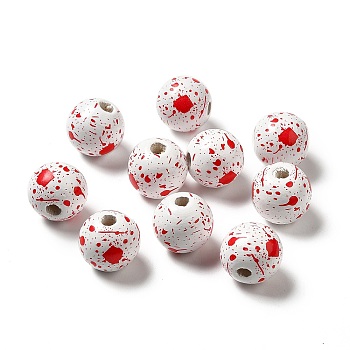 Halloween Theme Printed Natural Wooden Beads, Round with Blood Pattern, Red, 16x14.5mm, Hole: 3.5mm
