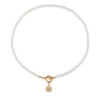 304 Stainless Steel Pendant Necklaces, with Acrylic Imitation Pearl Round Beads and Rhinestone, Ladybug/Ladybird, White, Golden, 18.14 inch(46.1cm)