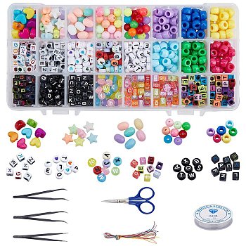 DIY Children Elastic Jewelry Set Kits, include Acrylic Beads & European Beads, Anti-static Tweezers, Stainless Steel Scissors, Elastic Crystal Thread, Elastic Cord, Mixed Color, 7mm, Hole: 0.5mm