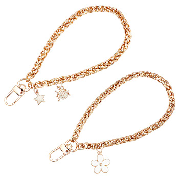 AHADEMAKER 2Pcs 2 Style Iron Wheat Chain Bag Wristlet Straps, with Alloy Enamel Pendants and Swivel Clasps, for Bag Replacement Accessories, Light Gold, 16.5x0.6cm, 1pc/style