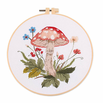 Mushroom Pattern Embroidery Starter Kits, including Embroidery Fabric & Thread, Needle, Embroidery Hoop, Instruction Sheet, White, 300x300mm