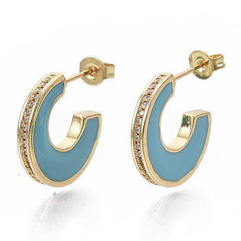 Brass Micro Pave Cubic Zirconia Crescent Moon Stud Earrings, Half Hoop Earrings, with Enamel and Ear Nuts, Letter C, Real 18K Gold Plated, Medium Turquoise, 21x17x3mm, Pin: 1mm