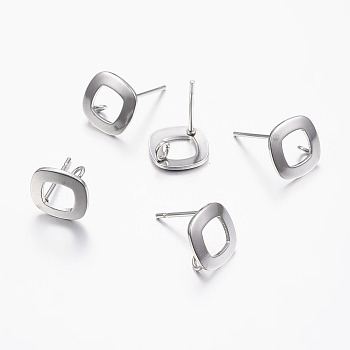 304 Stainless Steel Stud Earring Findings, with Loop, Square, Stainless Steel Color, Pin: 0.8mm, 9.5x9.5x1mm, Hole: 2mm