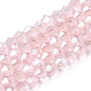 Transparent Electroplate Glass Beads Strands, Pearl Luster Plated, Faceted, Bicone, Misty Rose, 3.5~3.8x3mm, Hole: 0.8mm, about 113~115pcs/strand, 14.17~14.37 inch(36~36.5cm)