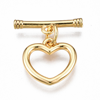 Brass Toggle Clasps, Nickel Free, Heart, Real 18K Gold Plated, 18mm long, Bar: 15.5x4x2mm, hole: 1.4mm, Jump Ring: 5x1mm, Inner Diameter: 3mm, Heart: 12x12x1.5mm, Hole: 1.2mm