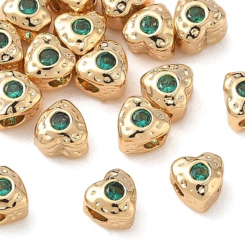SHEGRACE Brass Green Cubic Zirconia Beads, Texture Heart, Cadmium Free & Lead Free & Nickel Free, Real 18K Gold Plated, 5x5x4mm, Hole: 1.6mm