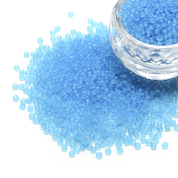 12/0 Grade A Round Glass Seed Beads, Transparent Frosted Style, Deep Sky Blue, 2x1.5mm, Hole: 0.8mm, 30000pcs/bag