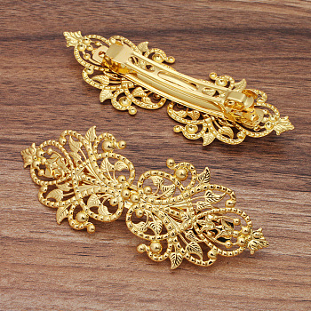 Brass Filigree Hair Barrette, Hollow out, with Iron Findings, Long-Lasting Plated, Flower, Golden, 94x34mm