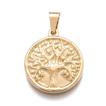 304 Stainless Steel Pendants, Flat Round with Tree of Life, Golden, 29x25.5x3mm, Hole: 4x7.5mm