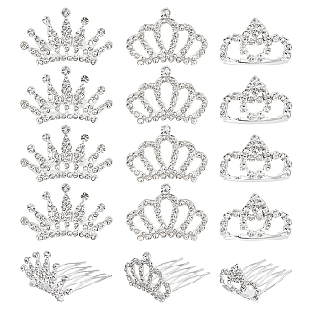 15Pcs 3 Style Crown Alloy Rhinestones Hair Combs, Hair Accessories for Girl, Clear, 41~42mm, 5pcs/style