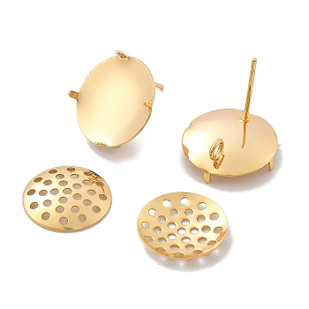 Brass Studs Earring Findings, Sieve Ring Settings, Flat Round, Real 18K Gold Plated, 14.5mm, Hole: 2mm, Pin: 0.5mm