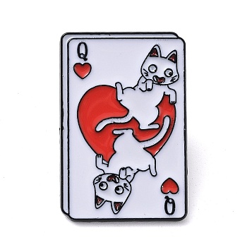 Black Zinc Alloy Brooches, Playing Card with Cat Enamel Pins for Men Women, Heart, 30x20.5x1.5mm