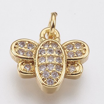 Brass Micro Pave Cubic Zirconia Charms, Butterfly, Golden, 10.5x11.5x3mm, Hole: 1.4mm