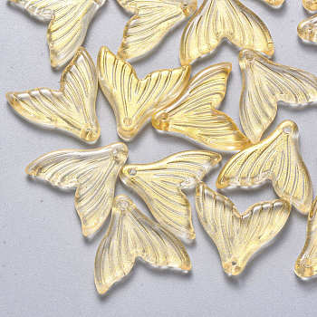 Transparent Spray Painted Glass Pendants, with Glitter Powder, Fishtail Shape, Gold, 19x19.5x3.5mm, Hole: 1.2mm