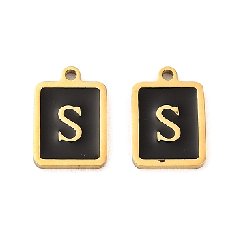 304 Stainless Steel Pendants, with Enamel, Rectangle with Letter Charm, Golden, Letter S, 17.5x12x1.5mm, Hole: 1.5mm