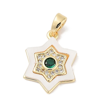 Brass Micro Pave Cubic Zirconia Pendants, with Shell, Hexagon Charms, Dark Green, 17x13x3mm, Hole: 4x2mm