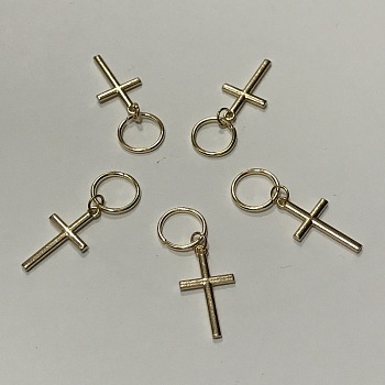 Alloy Cross Pendants, with Jump Rings, DIY Pendants For Braid Trend Headdress, Golden, 23x13x2mm, Hole: 9.5mm, 5pcs/bag