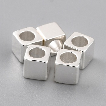 Brass Spacer Beads, Long-Lasting Plated, Cube with Round Hole, 925 Sterling Silver Plated, 3x3x3mm, Hole: 1.8mm