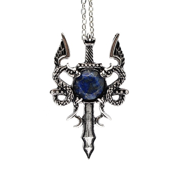 Natural Lapis Lazuli Dragon Sword Pendant Necklace, Gothic Alloy Jewelry for Men Women, Antique Silver & Platinum, 19.69 inch(50cm)