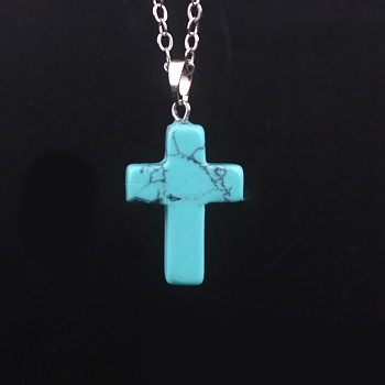 Synthetic Turquoise Pendants, with Platinum Tone Brass Findings, Cross, 25x18mm