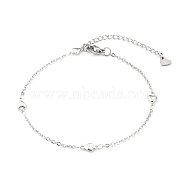304 Stainless Steel Cable Chain Anklets, with Heart Links and Lobster Claw Clasps, Stainless Steel Color, 8-5/8 inch(21.8cm)(AJEW-H104-11P)