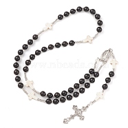 Synthetic Turquoise & Wood Rosary Bead Necklace, Alloy Cross & Virgin Mary Pendant Necklace for Religion, White, 25.98 inch(66cm)(NJEW-JN04431-02)