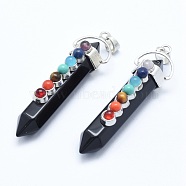 Chakra Jewelry, Natural Obsidian Double Terminated Pointed Pendants, with Natural & Synthetic Mixed Stone Alloy Findings, Bullet, Platinum, 58~61x16.5~18x15.5~16mm, Hole: 4.5x7.5mm(G-G759-C12)