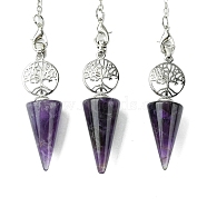 Natural Amethyst Cone Dowsing Pendulum Big Pendants, with Tree of Life Rack Plating Platinum Plated Brass Findings, Cadmium Free & Lead Free, 220~240mm, Hole: 1.5~2mm(G-C114-02P-16)