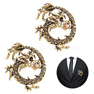 AHADERMAKER 2Pcs Smoked Topaz Rhinestone Dragon with Imitation Pearl Lapel Pin, Alloy Animal Brooch for Backpack Clothes, Antique Golden, 58x50x8mm(JEWB-GA0001-18)