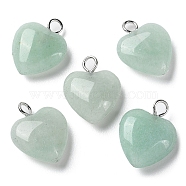 Natural Green Aventurine Pendants, Heart Charms with Platinum Plated Brass Loops, 14.8~15x12x4.1~4.6mm, Hole: 2mm(G-E603-01P-07)