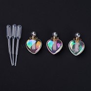 Angel Aura Quartz, Faceted Natural Quartz Crystal Pendants, Openable Perfume Bottle, with Golden Tone Brass Findings and Plastic Dropper, Heart, AB Color Plated, 36.5mm, Hole: 1.6mm, Capacity: 5ml(0.17fl. oz)(G-A184-04)