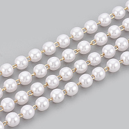 Handmade Brass Beaded Chains, Soldered, with Spool, ABS Plastic Imitation Pearl, Real 18K Gold Plated, White, 6x5.7mm, about 16.4 Feet(5m)/roll(CHC-S003-17D)